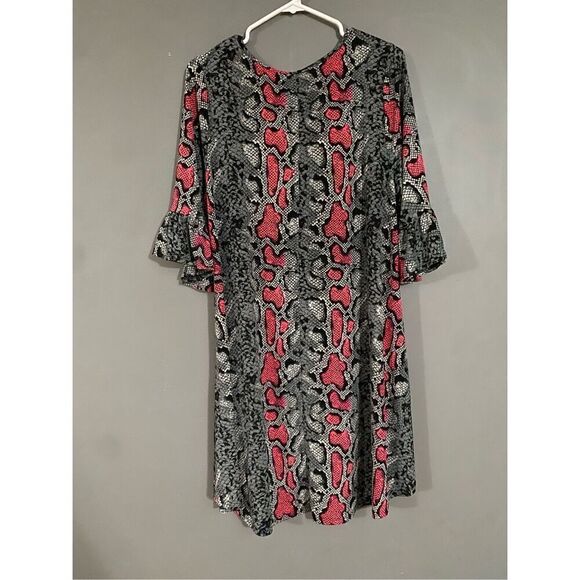 Boutique Red Pink Snake Print 3/4 Flutter Sleeve Dress With Pockets 2X - Picture 6 of 6